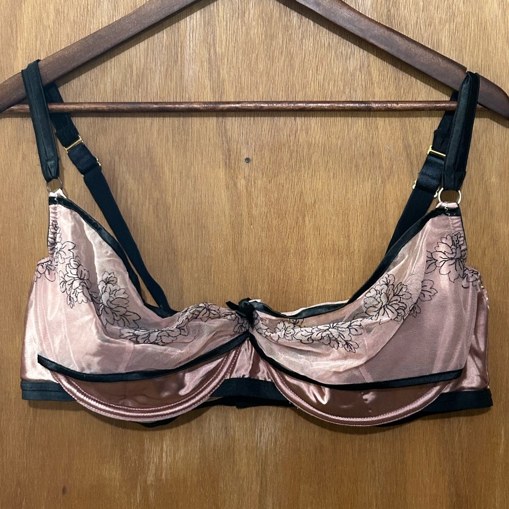 Pink Satin Underwire Bra with Black Trim